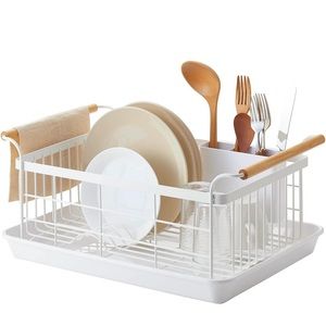 Yamazaki wood handle and white steel dish drying rack